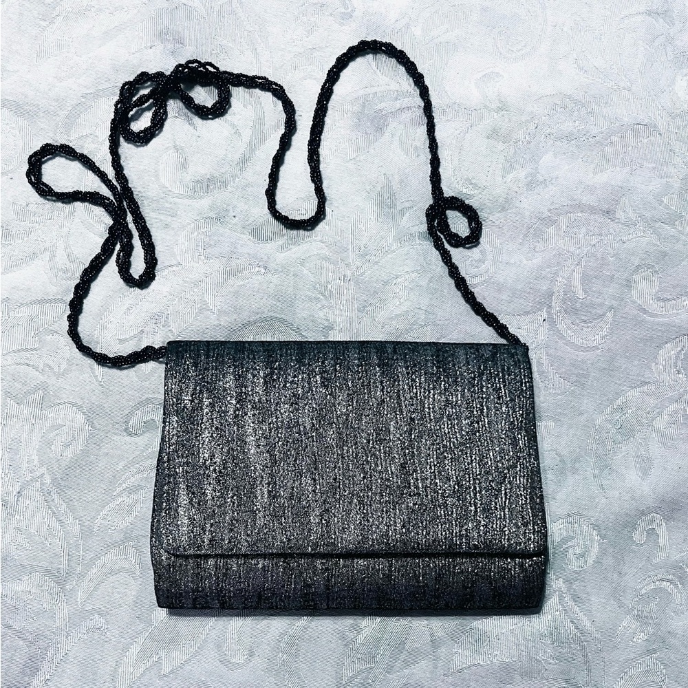 La Regale Elegant Evening Crossbody Bag Black Chain Shimmery Silver Gray Bag